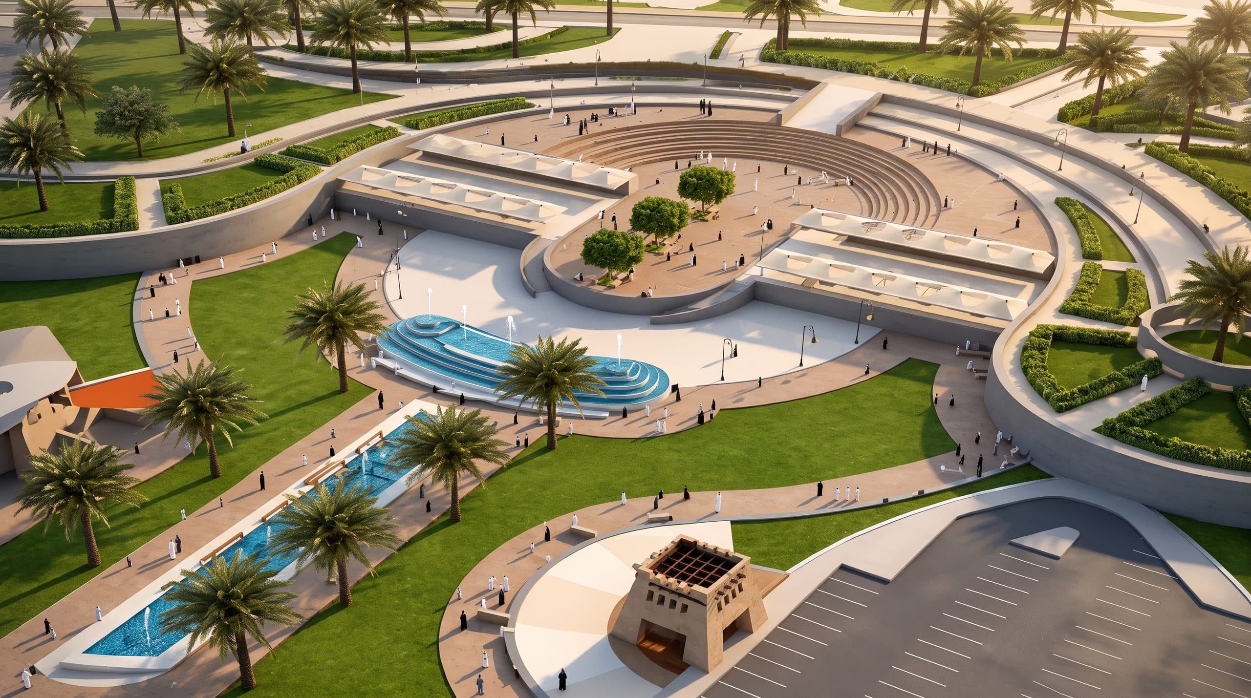 Abha Downtown circular amphitheater plaza with water features and palm promenades