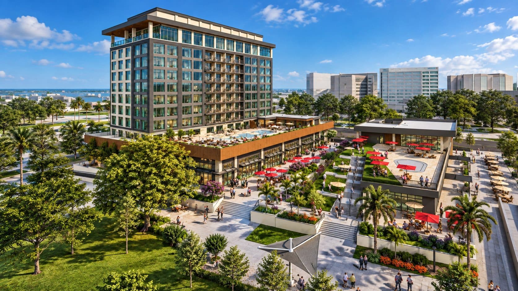 The Ballad Hotel exterior tower with Coachman Park and Clearwater waterfront beyond