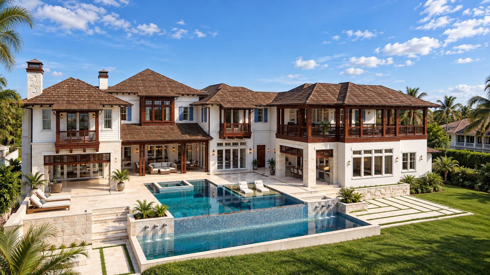 Belleair Manor grand front elevation with mahogany timber balconies and multi-pavilion cedar shake roofline