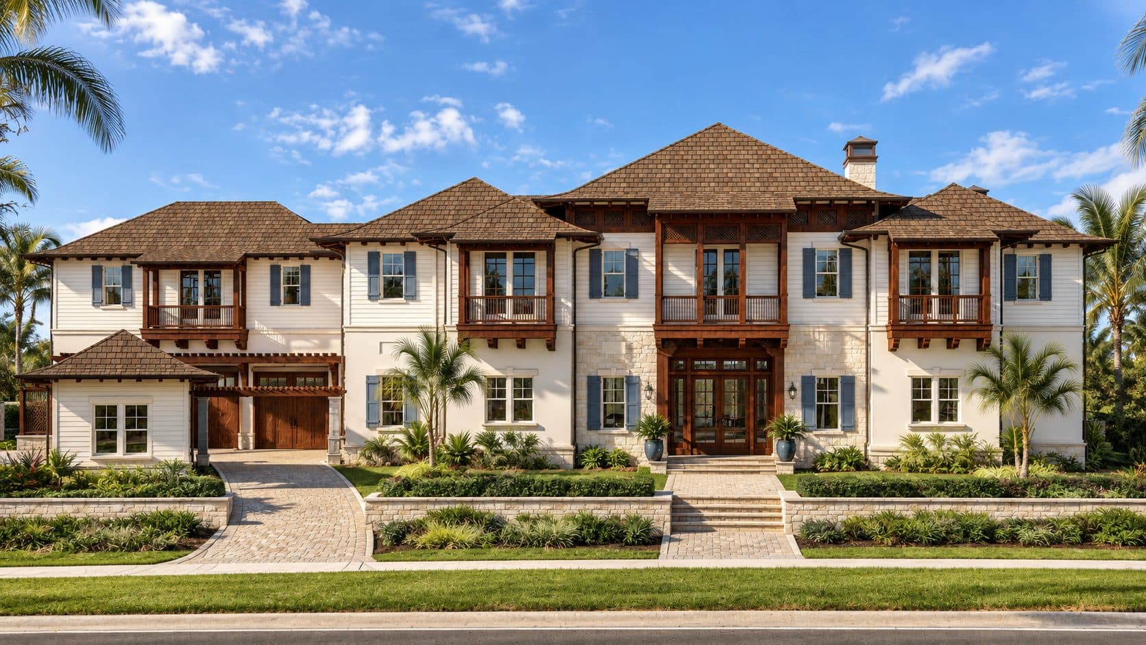 Belleair Manor rear with tiered pool complex, spa, water features, and covered outdoor living