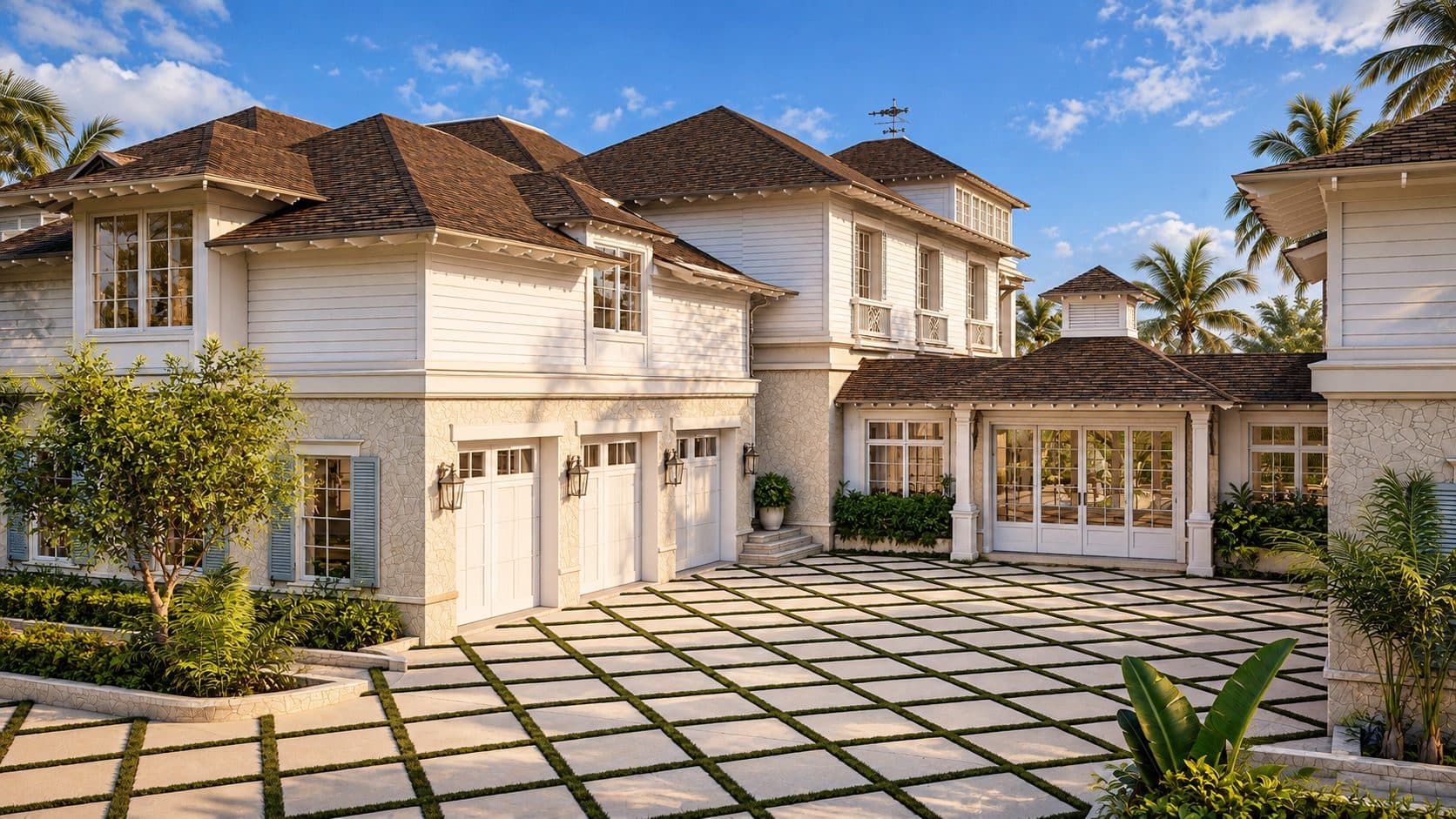 Belleair Shores courtyard elevation with grid-paver motor court and multi-pavilion roofline