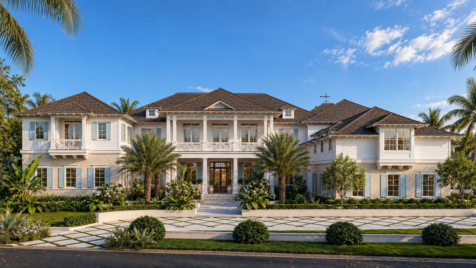 Belleair Shores grand symmetrical front facade with double-height columns, Chippendale railings, and palm allée