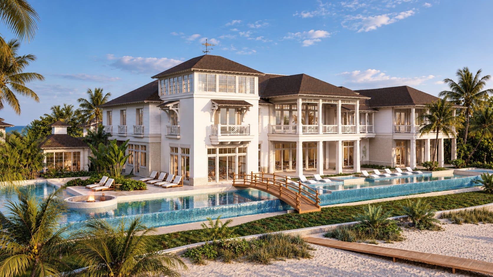 Belleair Shores rear beachfront elevation with cupola tower, dual lap pools, fire pit, and wooden bridge