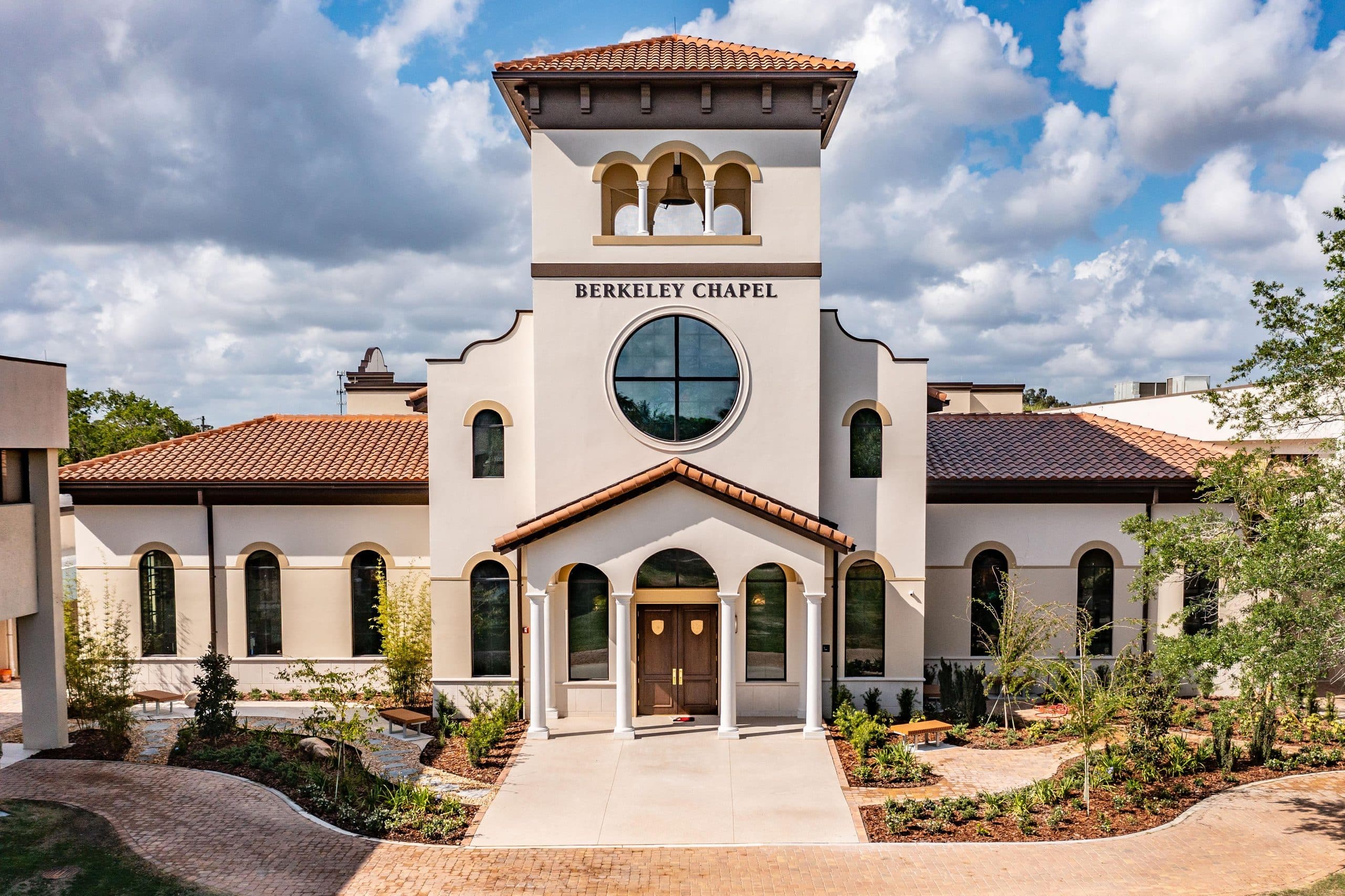 Berkeley Preparatory School Chapel Mediterranean Revival exterior with bell tower and rose window