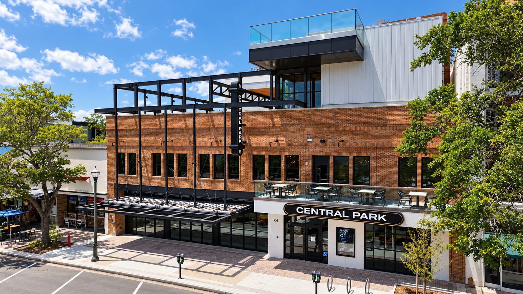 Central Park Food Hall brick facade and rooftop terrace on Central Avenue