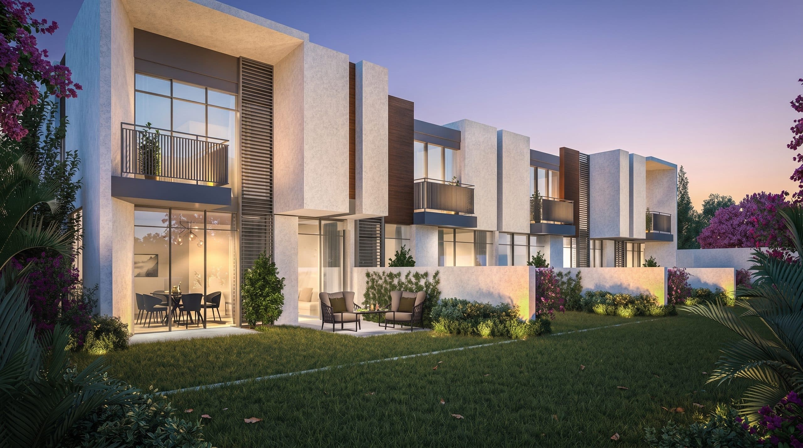 Cherrywoods Compound townhouse rendering with garden terraces at dusk