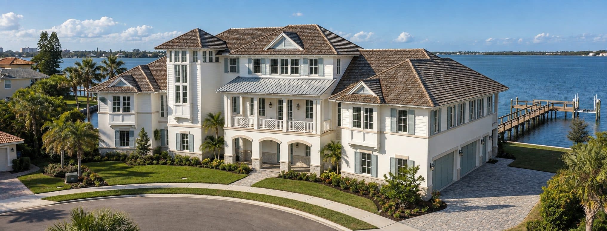 Clearwater Bay Estate aerial view with private dock, circular drive, and waterfront setting