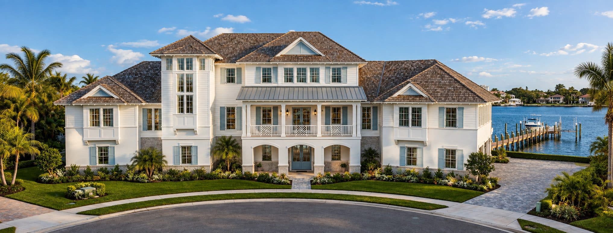 Clearwater Bay Estate symmetrical front facade with arched arcade entry, Chippendale balcony, and cedar shake roofline