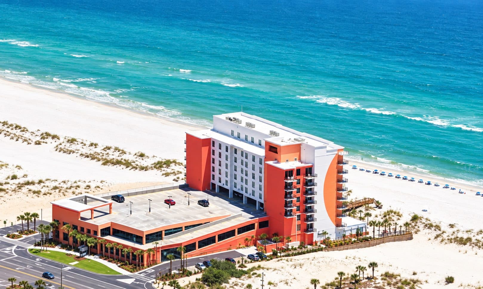 Hampton Inn & Suites Orange Beach pool deck and Gulf of Mexico views