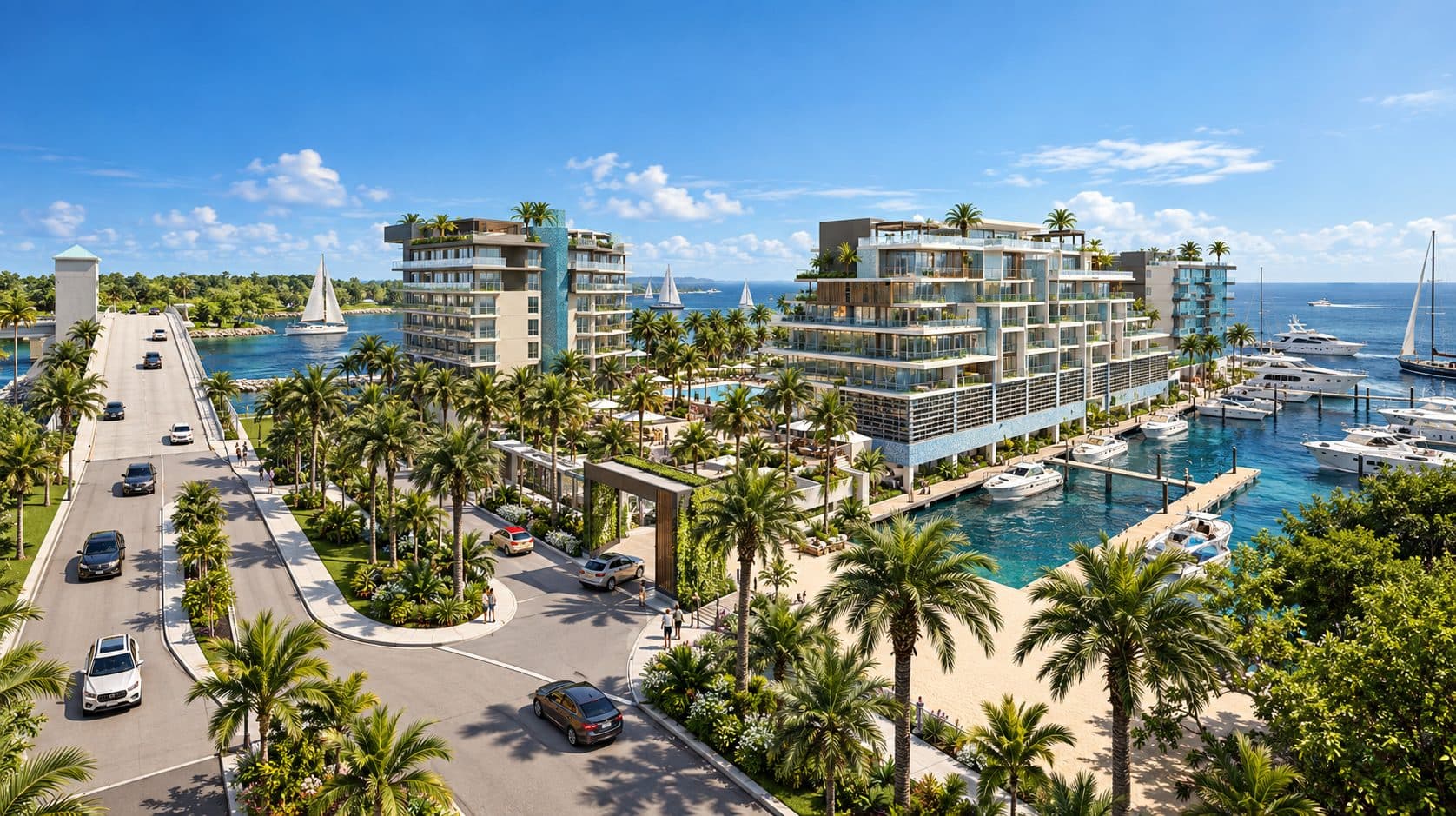 Holiday Isle Marina waterfront hotel and condo towers with marina and boat slips