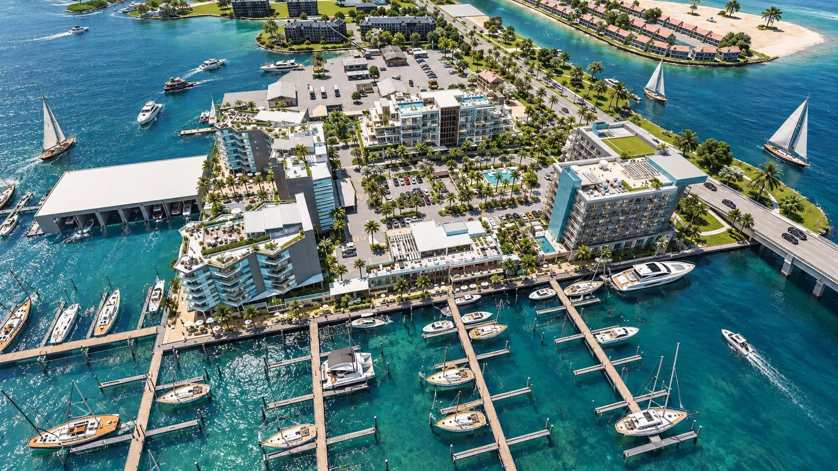 Holiday Isle Marina aerial rendering showing seven-story mixed-use development