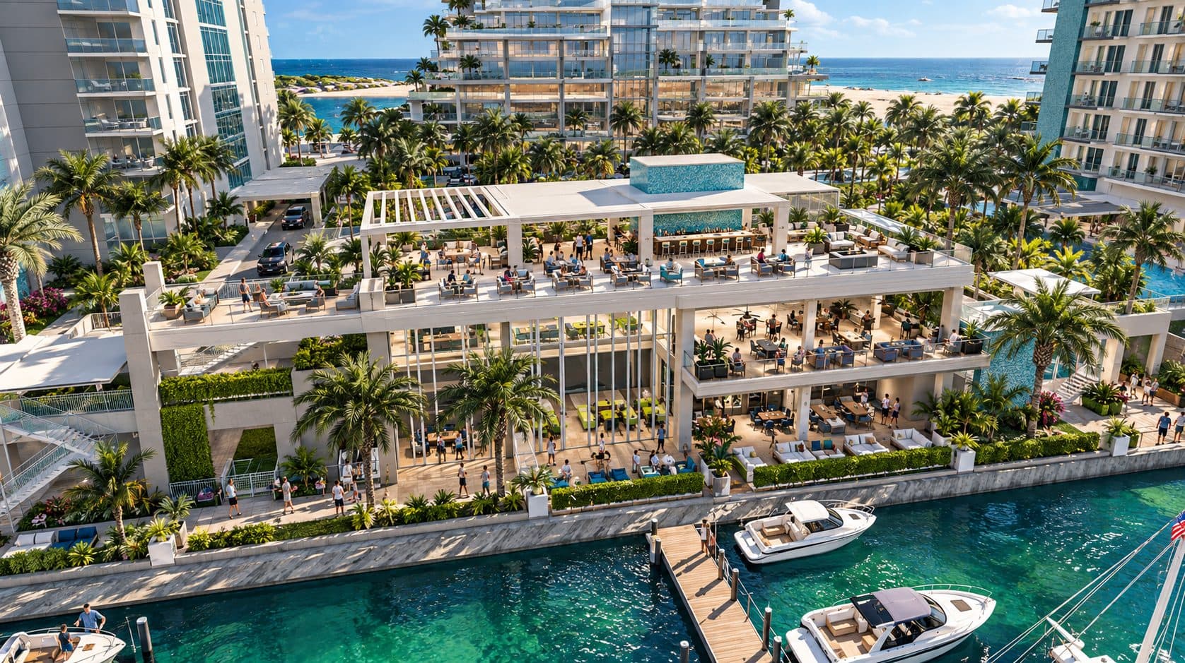 Holiday Isle Marina site plan with 164 boat slips, restaurant, and parking