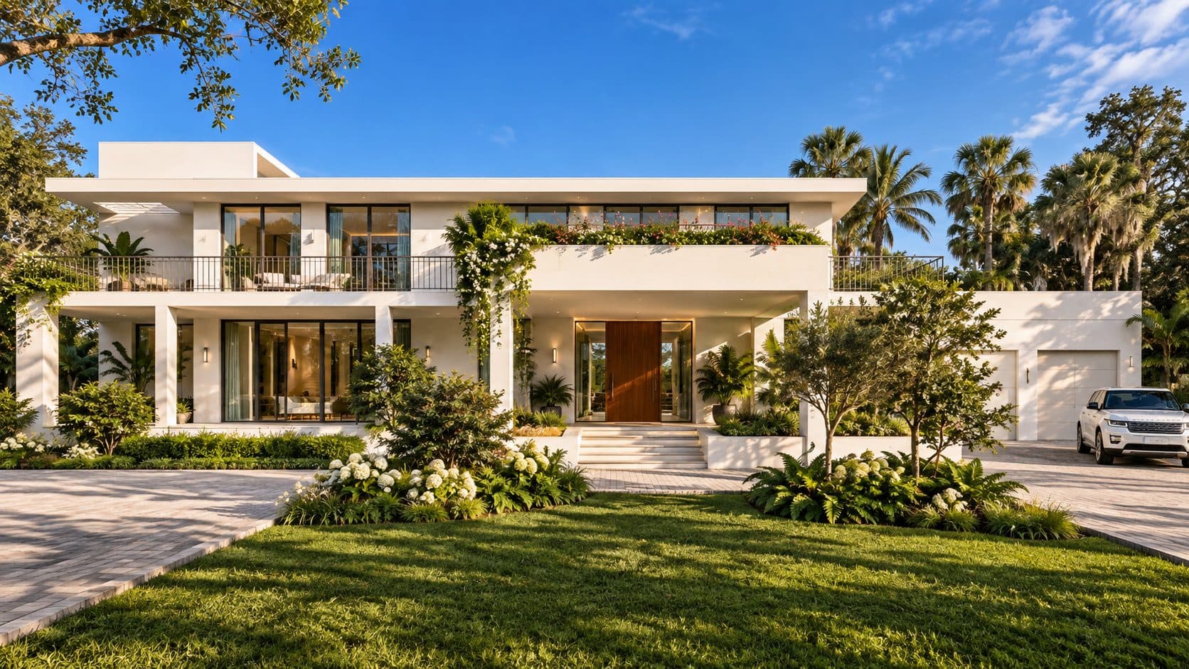 Keystone Residence front elevation with lush tropical landscaping and covered entry