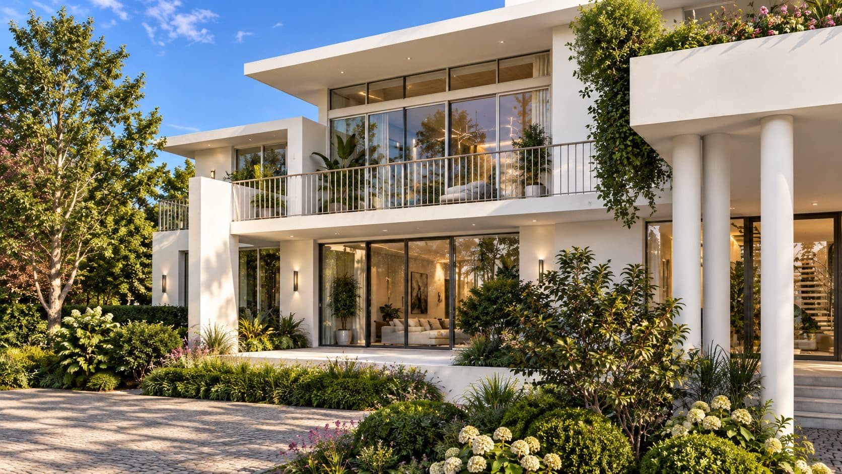 Keystone Residence rear pool terrace with travertine deck and indoor-outdoor living