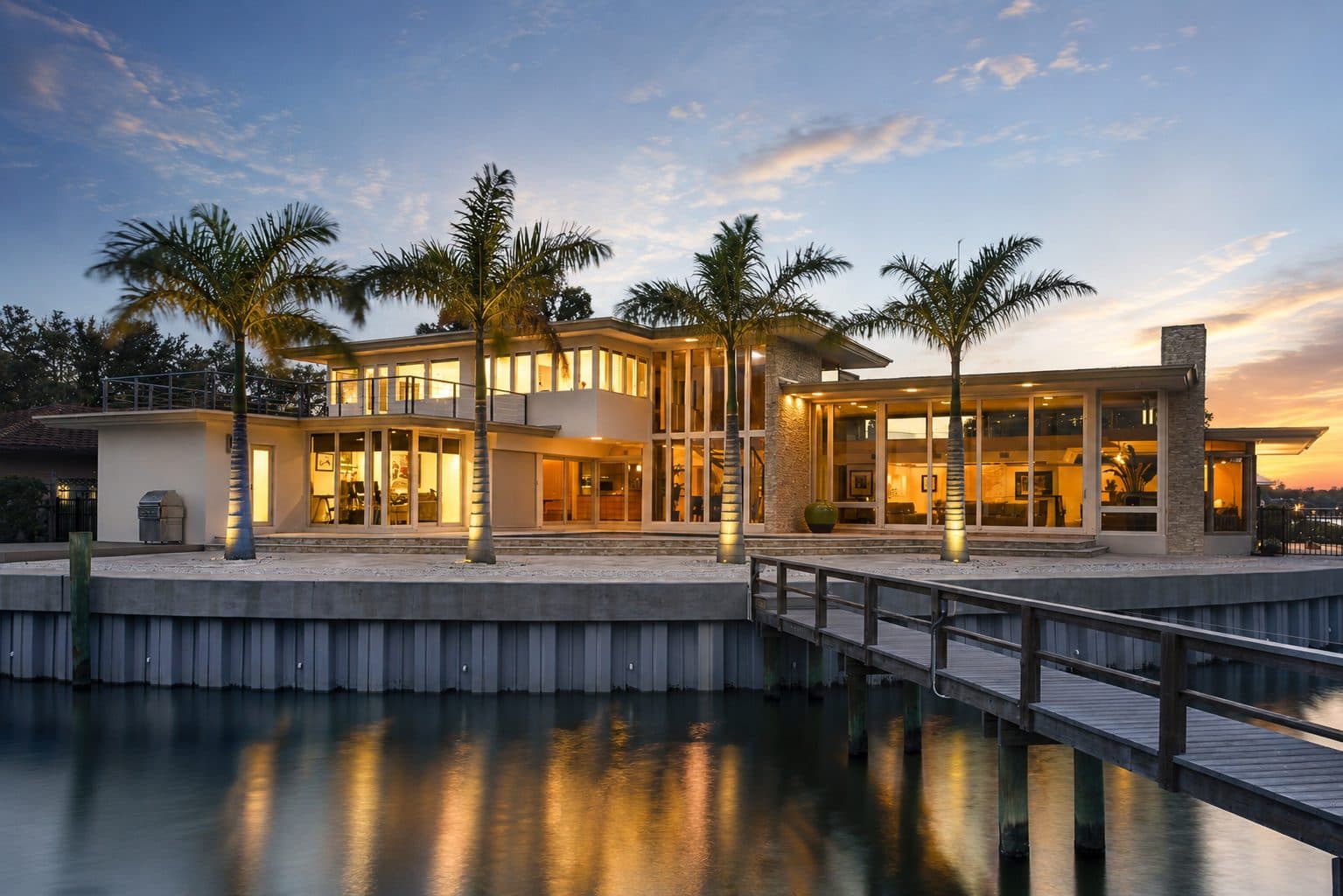 Linear Residence exterior at dusk
