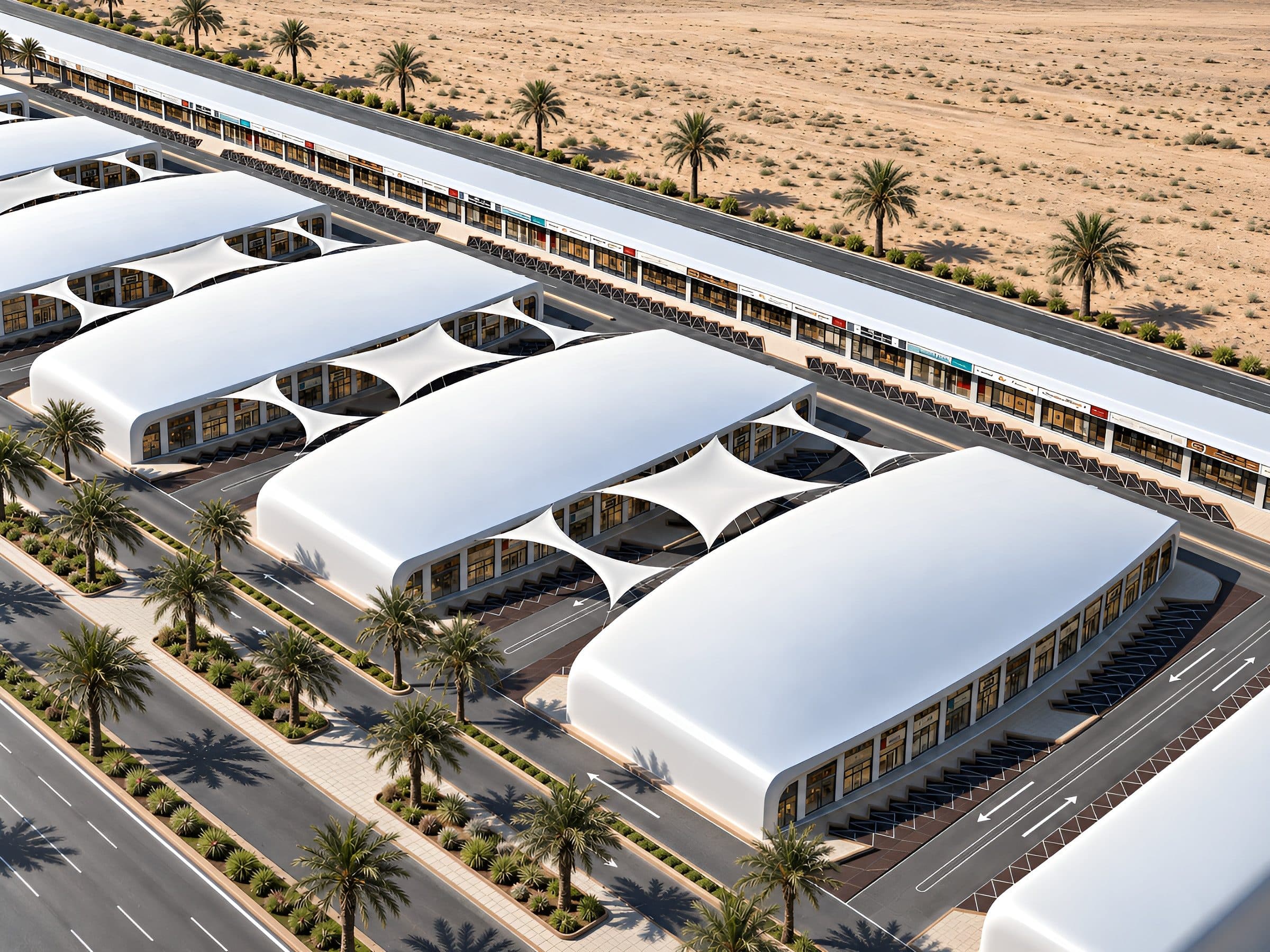 Madinet Al Binaa aerial view of curved white roof pavilions across the site