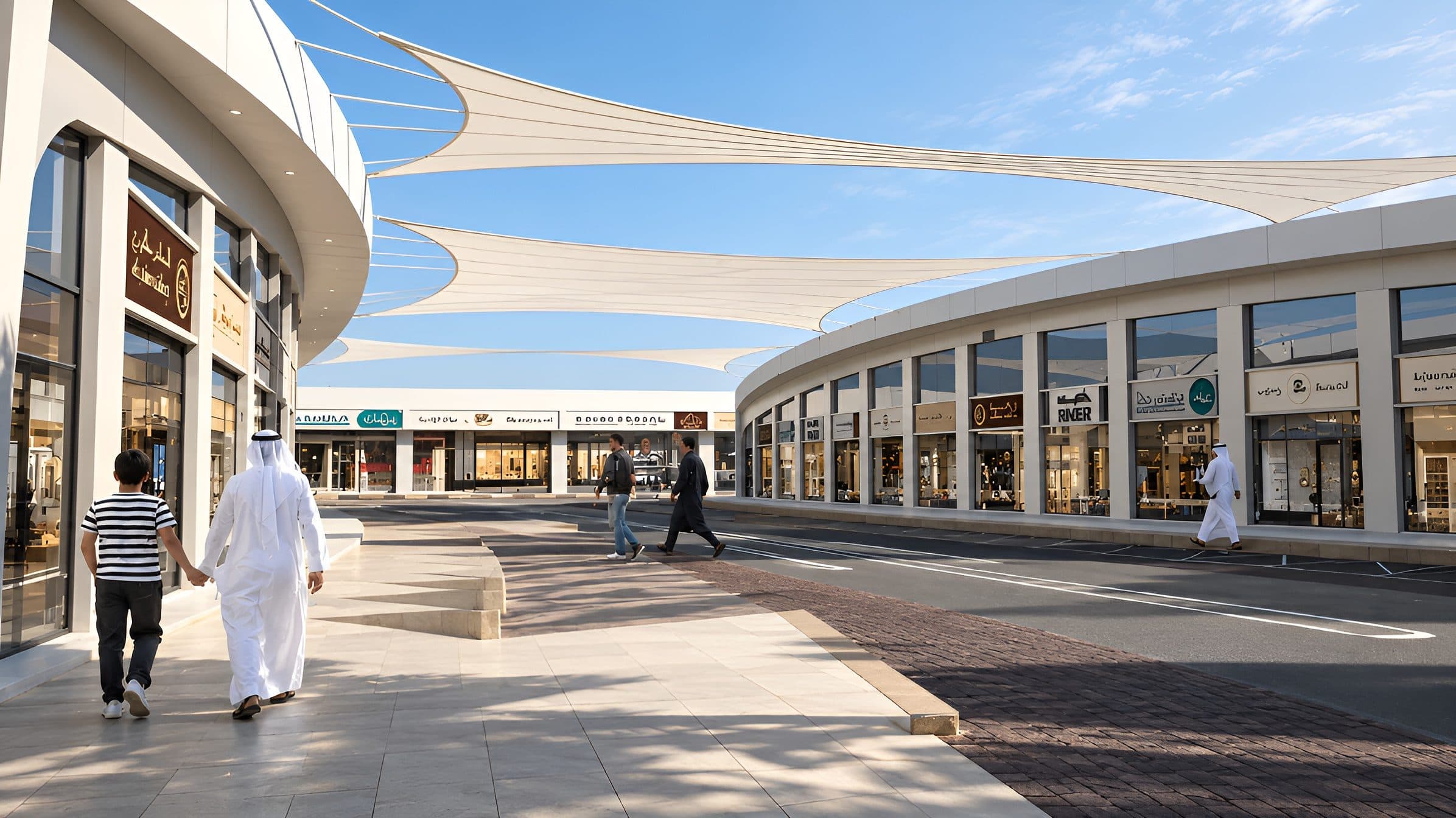 Madinet Al Binaa open-air retail court with tensile shade canopies