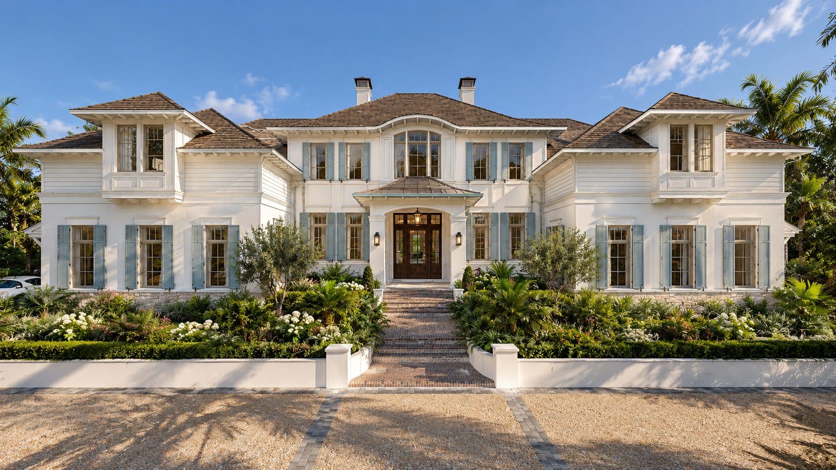 Palma Ceia Estate symmetrical British West Indies facade with blue shutters and covered entry