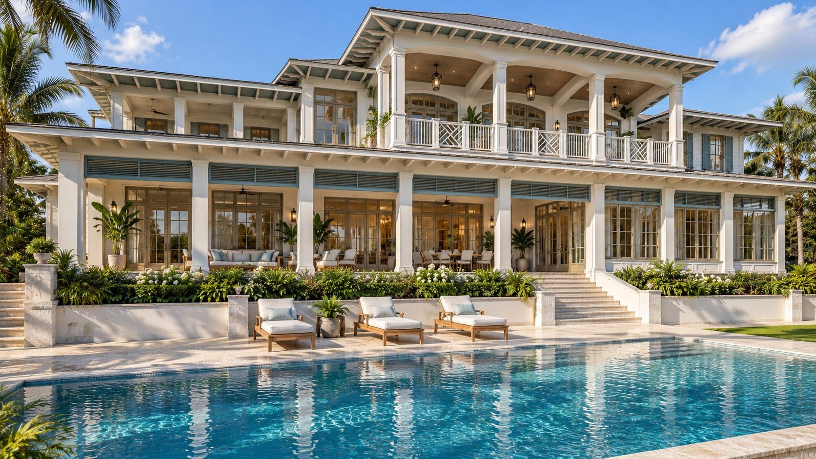 Palma Ceia Estate rear loggia with double-height columns, pool terrace, and tropical landscaping