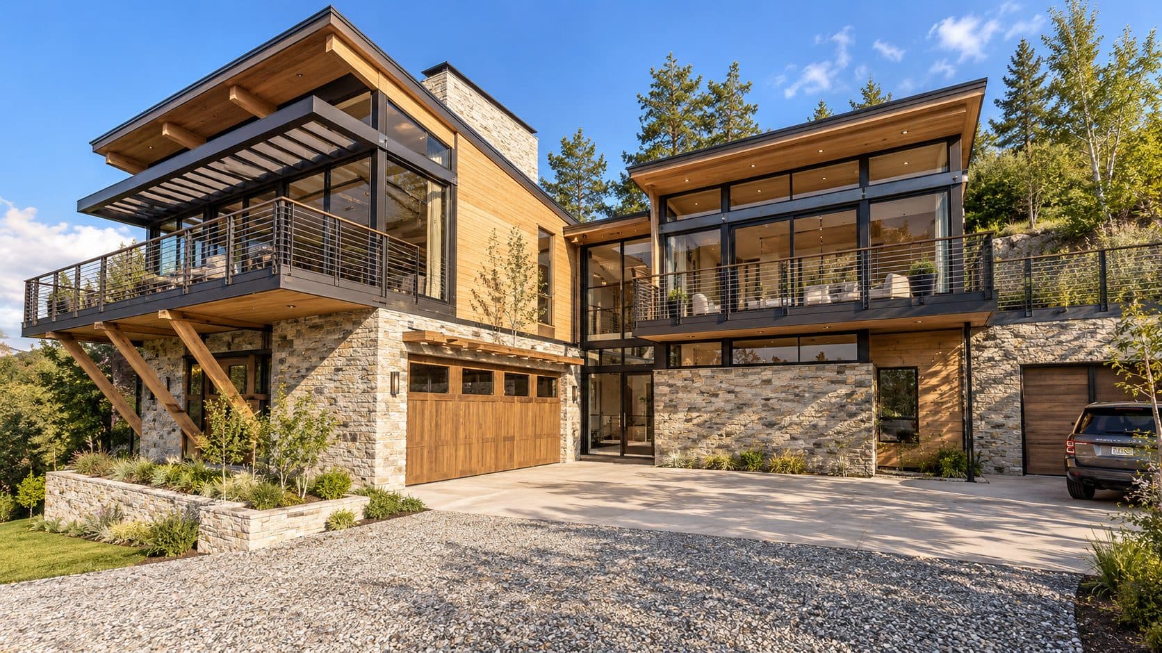Telluride Ridge front elevation with natural stone base, cedar siding, and cantilevered balconies