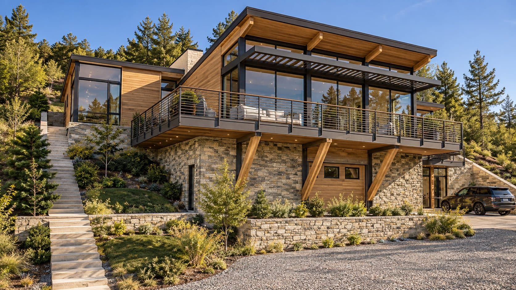 Telluride Ridge rear deck with floor-to-ceiling glazing and panoramic mountain and lake views