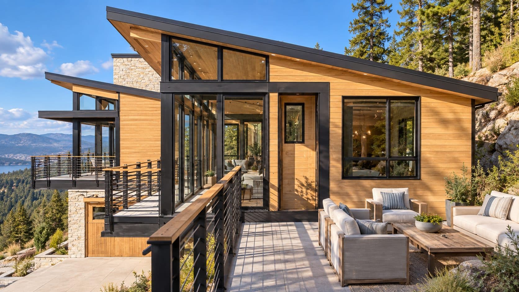 Telluride Ridge hillside elevation showing stone terracing, sloped landscape, and floating deck structure