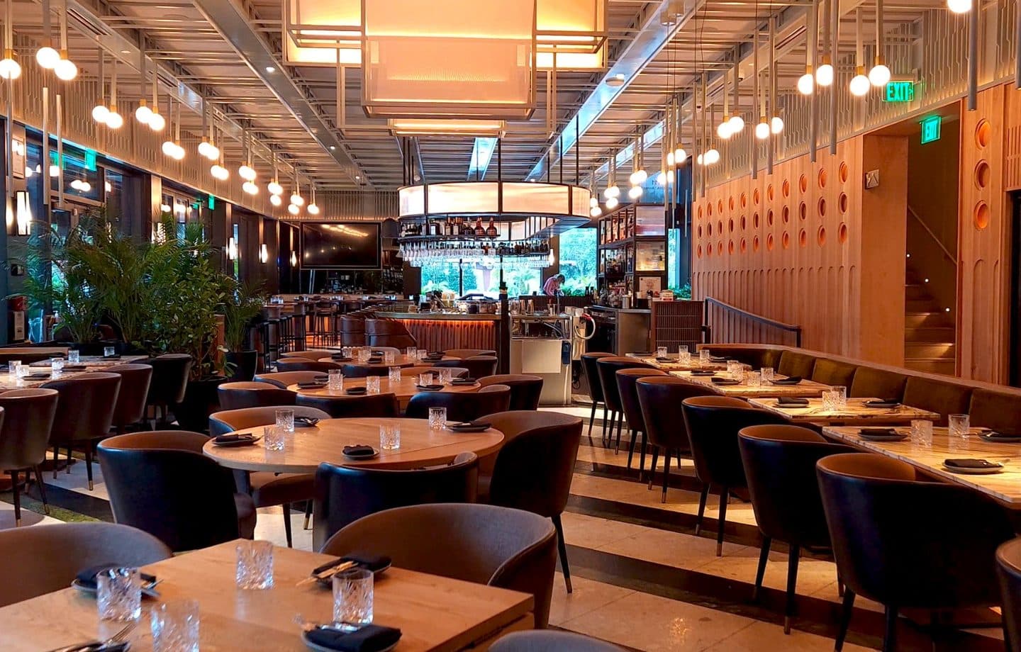 Union New American main dining room with cascading globe pendant ceiling