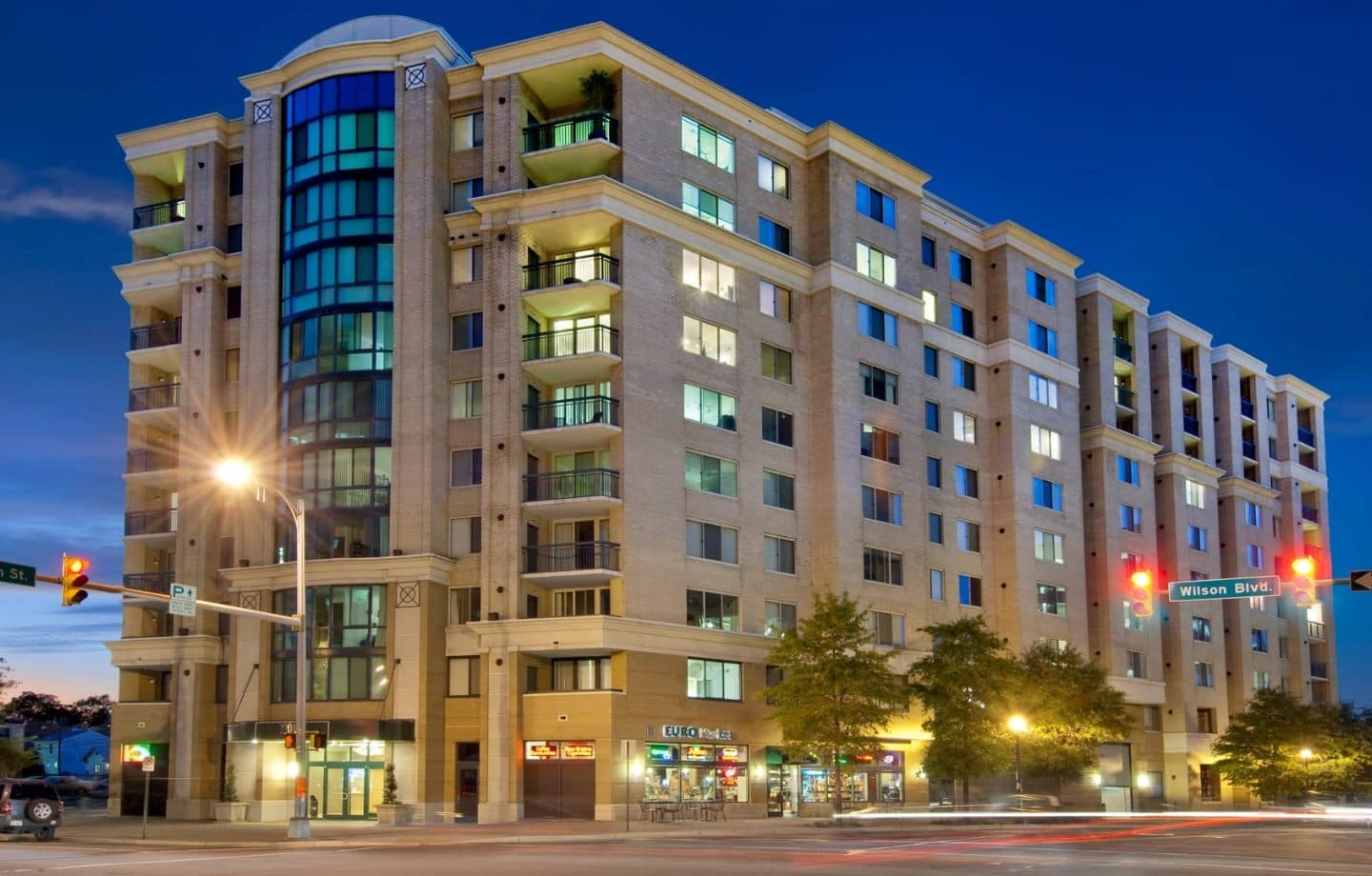 Wilson Apartments exterior at dusk