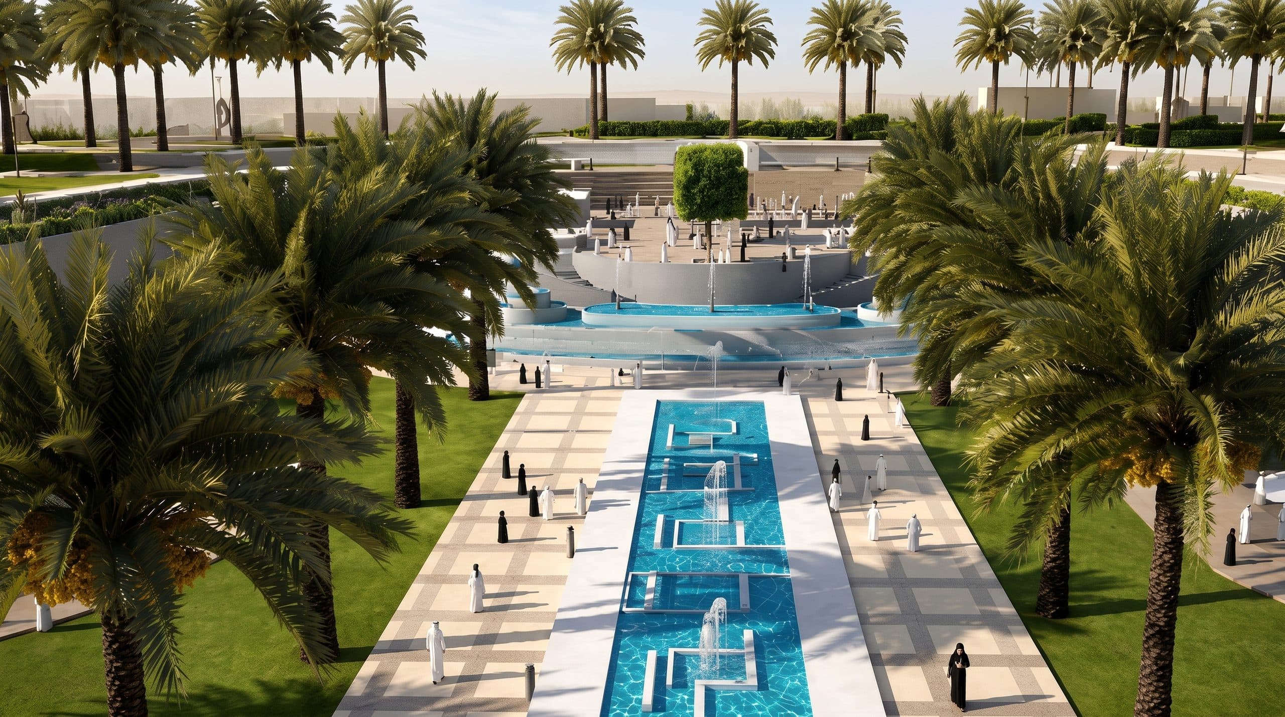 Abha Downtown linear water canal and fountain promenade lined with palms
