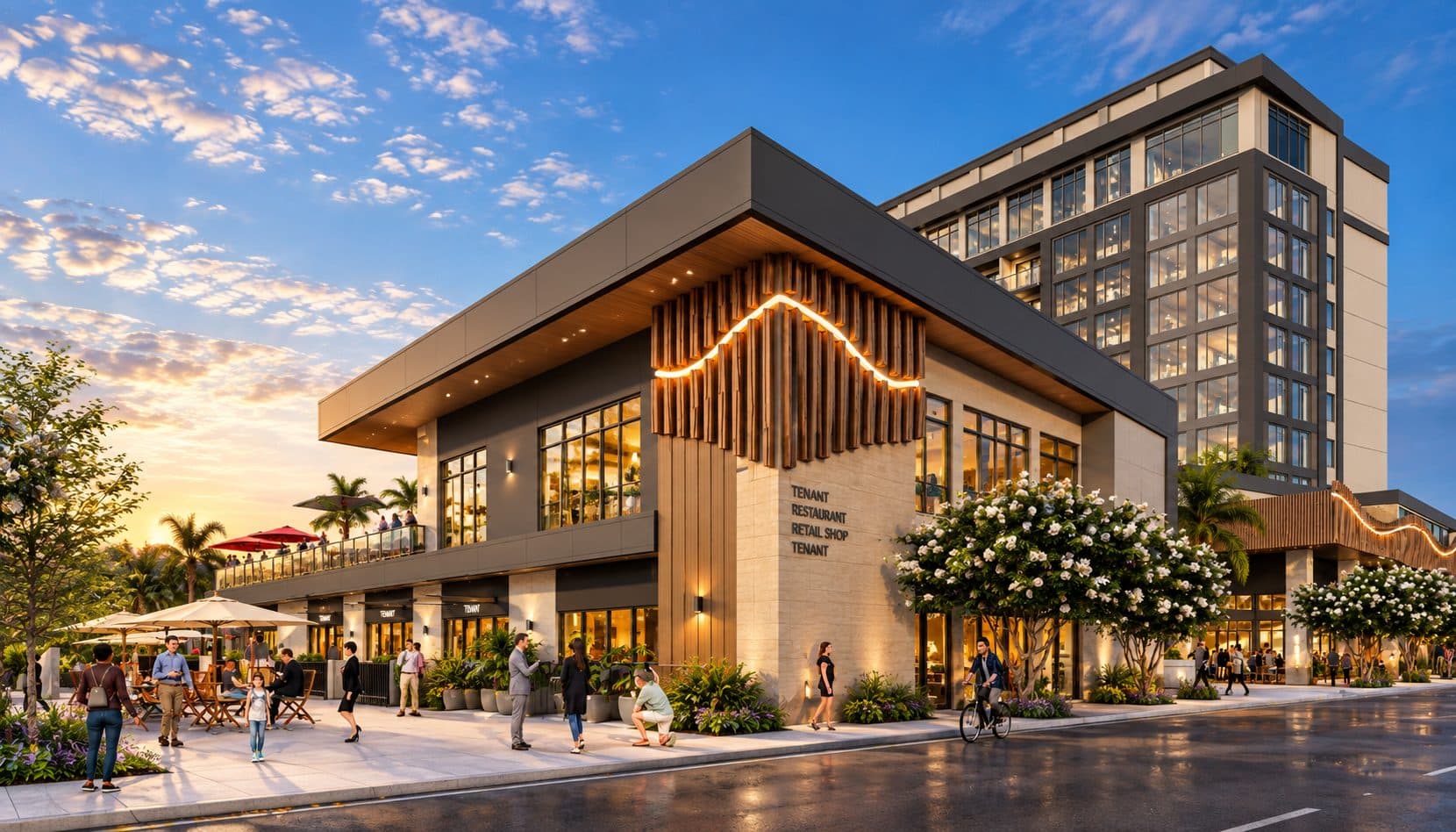 The Ballad Hotel plaza connecting Osceola Avenue to Coachman Park with commercial spaces