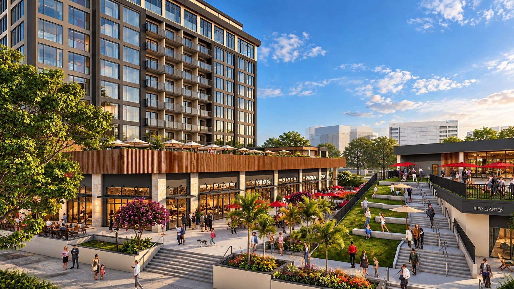 The Ballad Hotel amenity deck with pool, cabanas, and intercoastal views