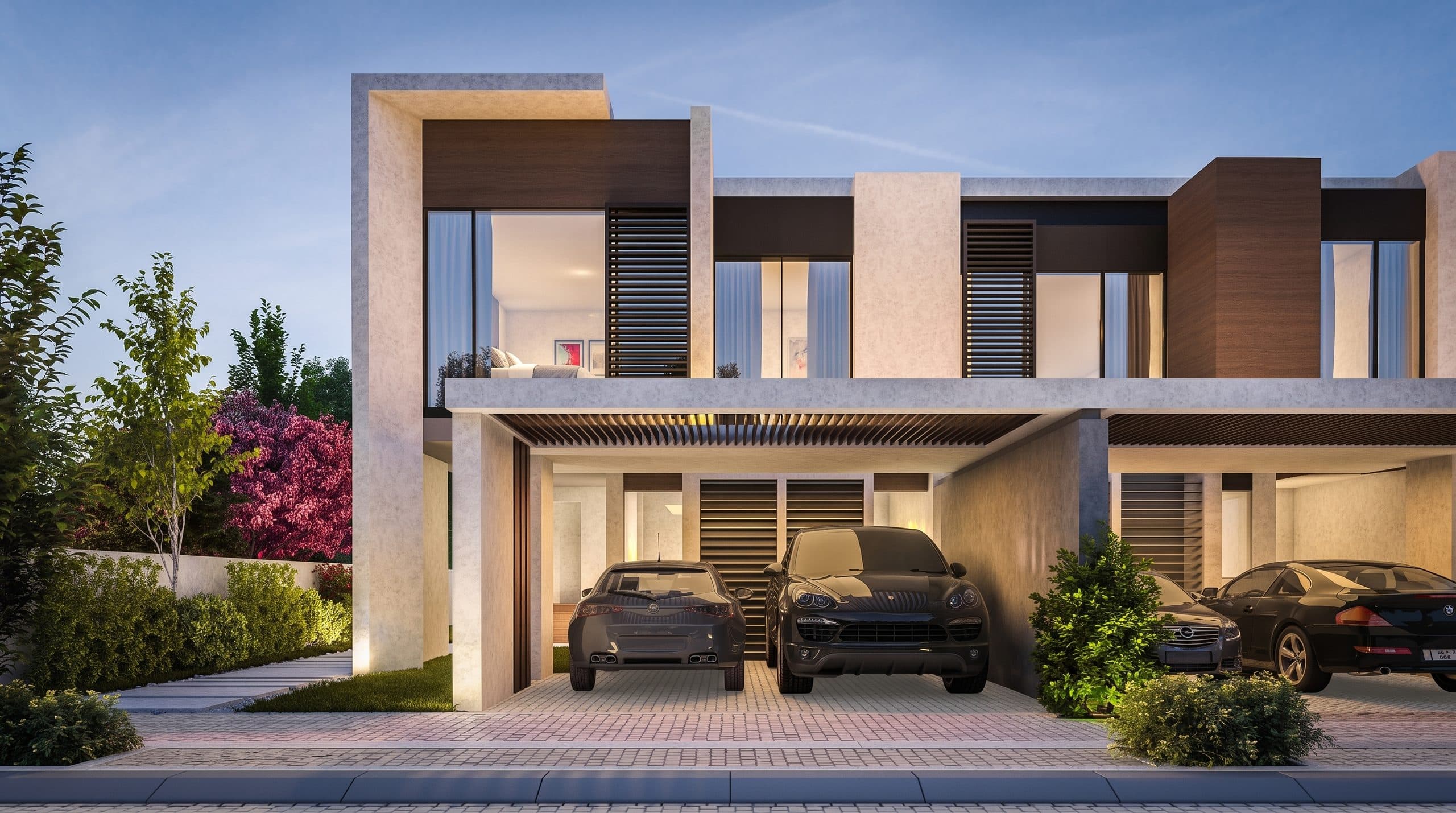 Cherrywoods Compound townhouse street facade rendering with covered parking