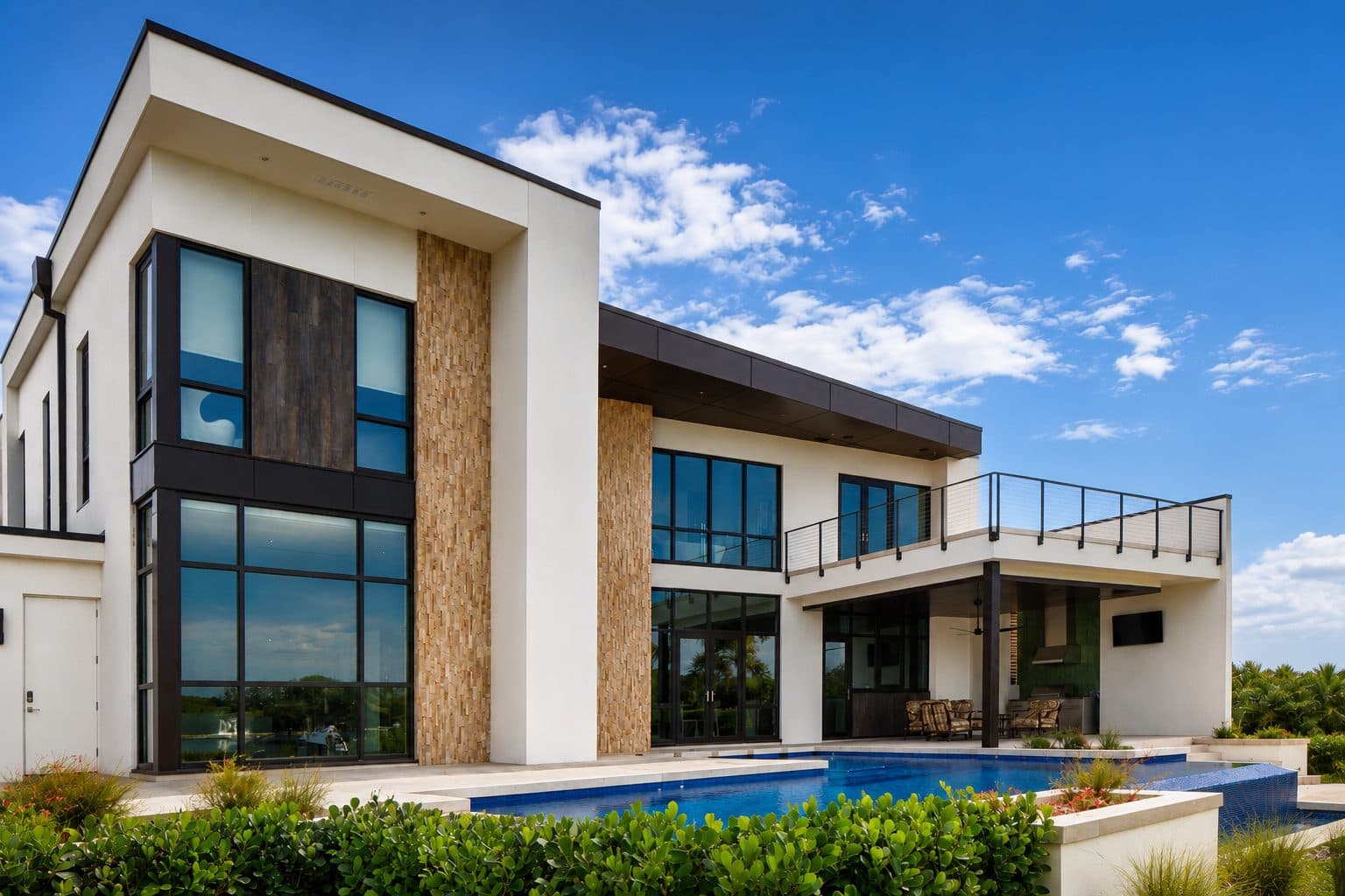 Craft House rear waterfront elevation with pool, covered loggia, and cantilevered second-floor terrace