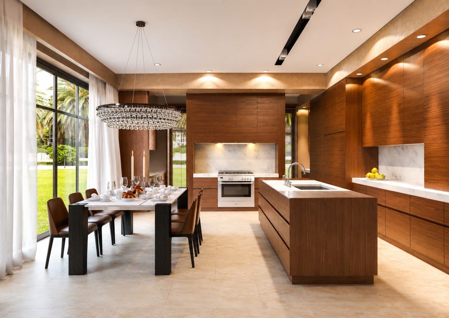 Imperial Villa open-plan kitchen and dining with floor-to-ceiling walnut millwork and crystal chandelier