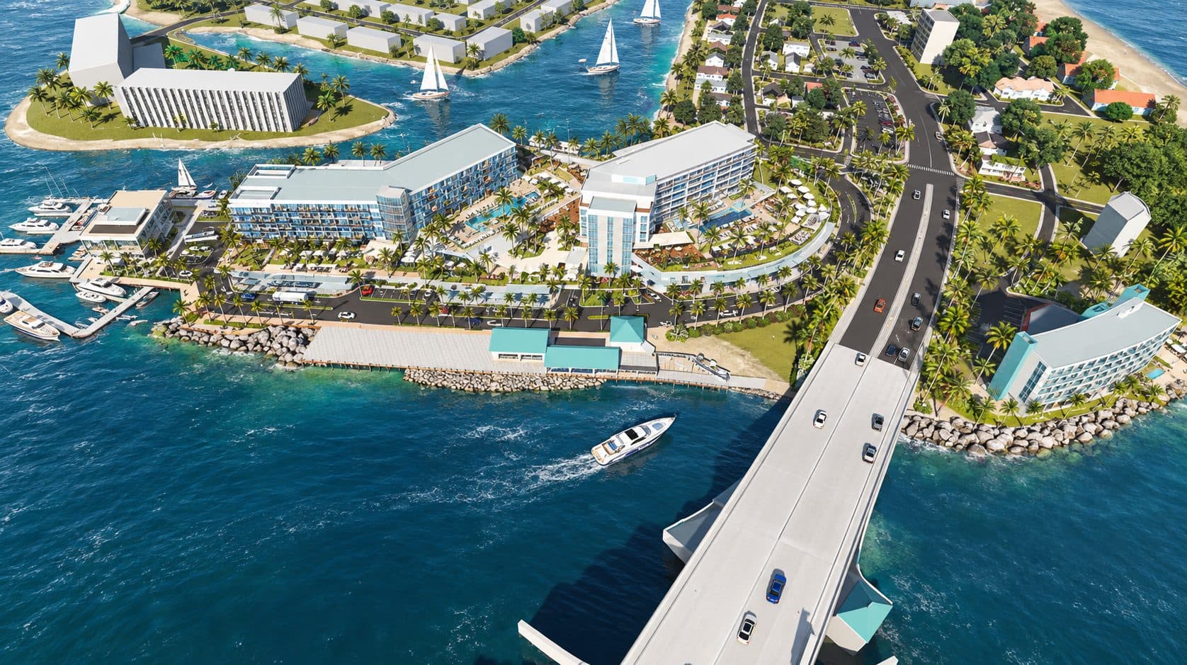 Johns Pass site plan showing residential towers, restaurants, and parking