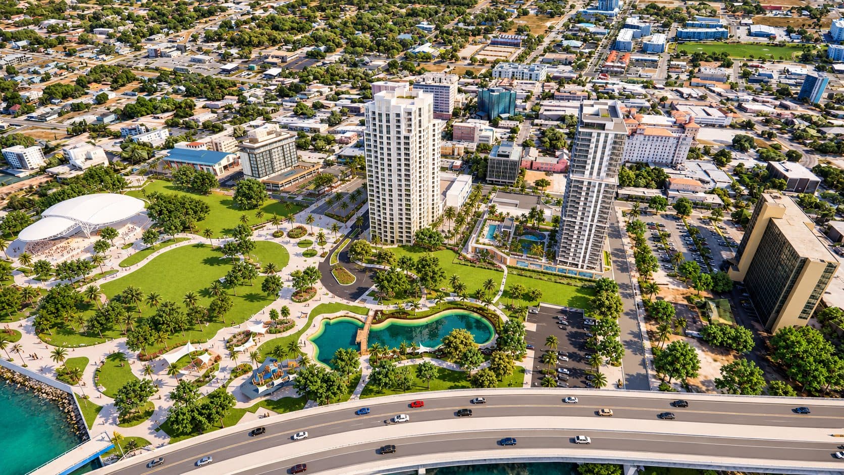 The Bluffs aerial view beside the waterfront park