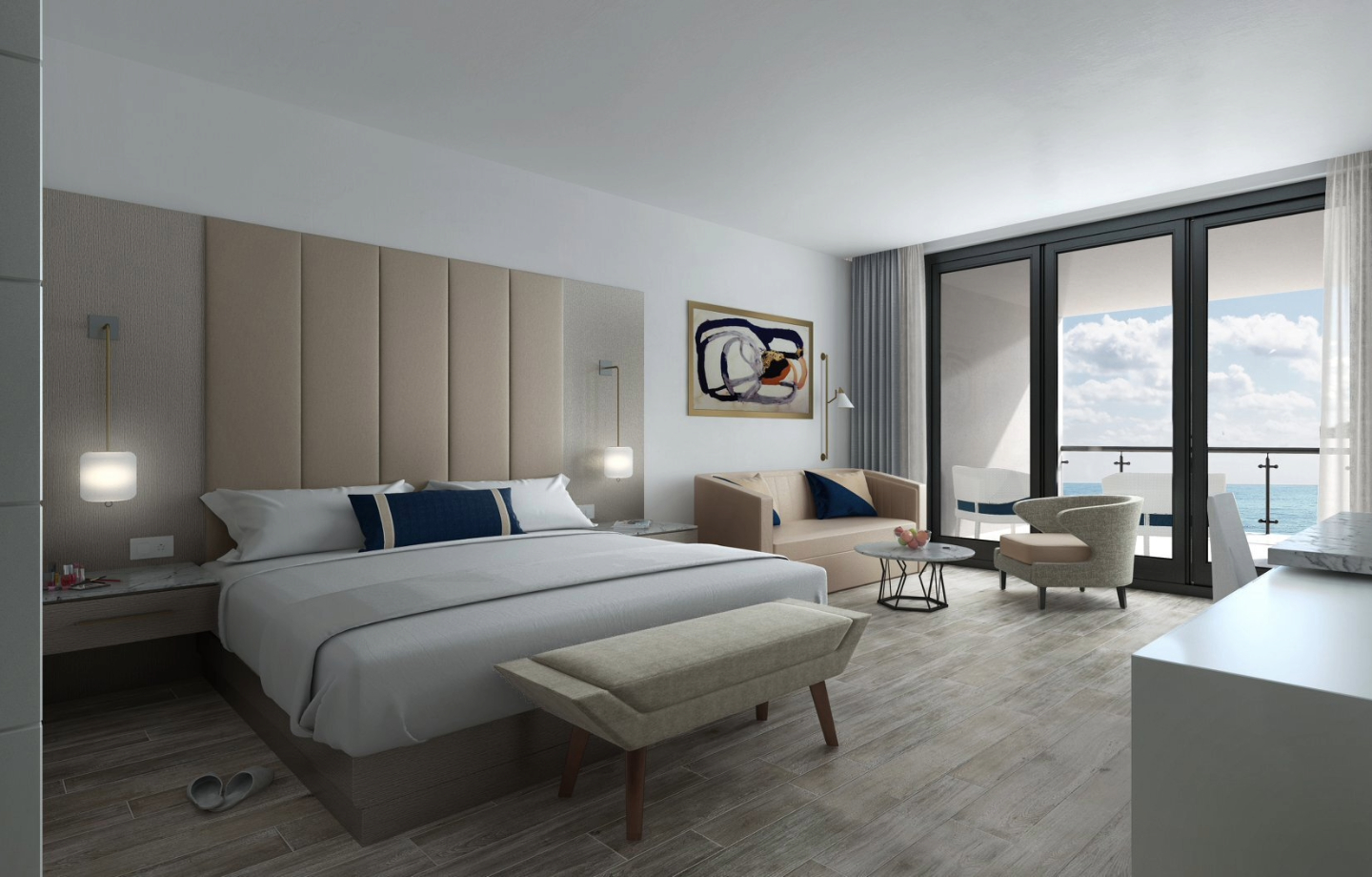 Bedroom with wood floors, large windows, and water views in the luxury JW Marriott Hotel in Clearwater Beach, FL, designed by Behar Peteranecz Architecture